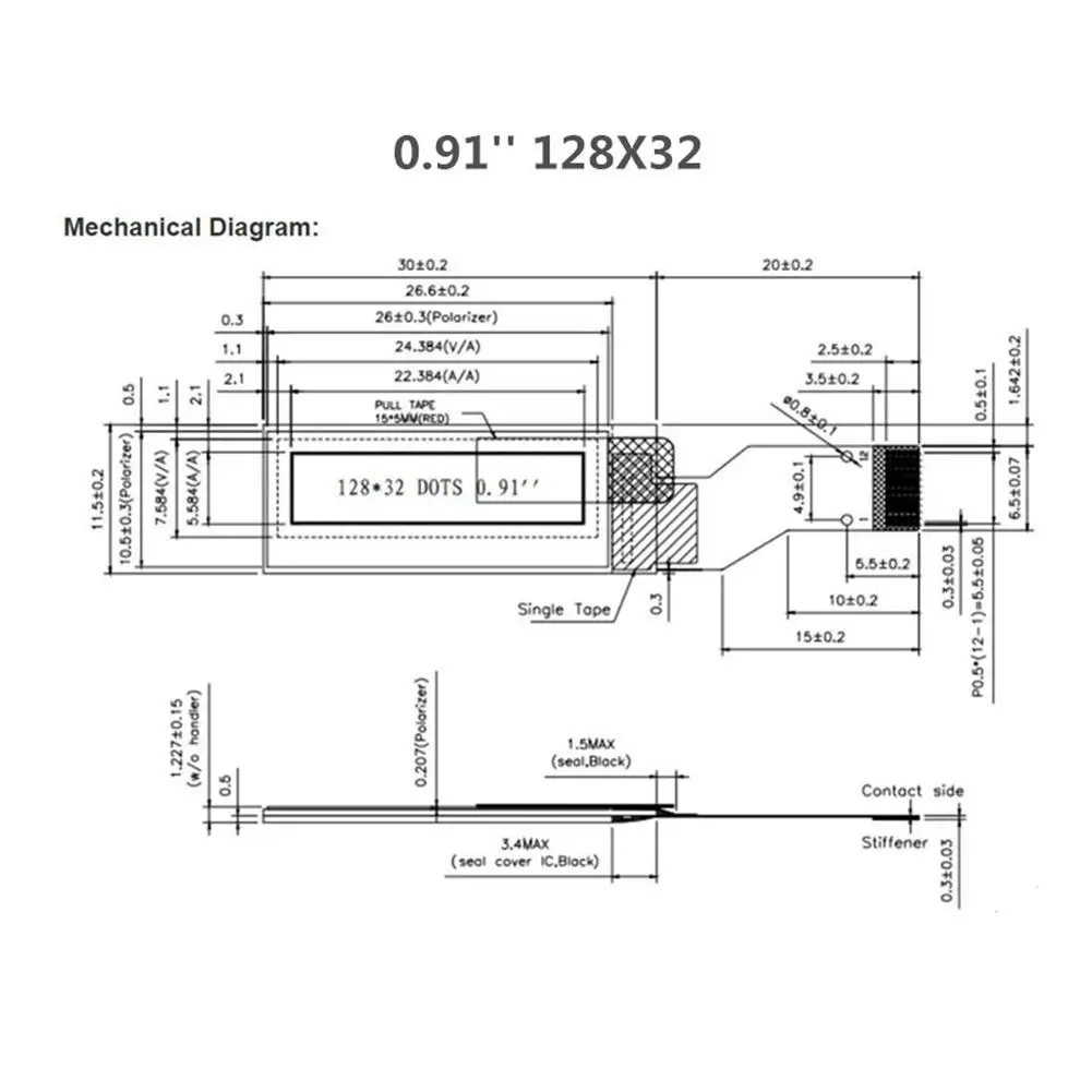 0,91-calowy ekran OLED Blue Word 12pin 12832 z matrycą punktową SSD1306 Port szeregowy Ekran 0,91oled