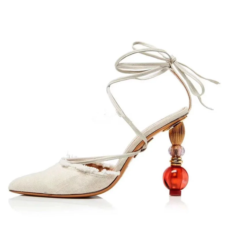 

Spring and summer new cloth pointed toe hollow lace-up beaded heeled sandals high-heeled banquet dress large-size women's shoes