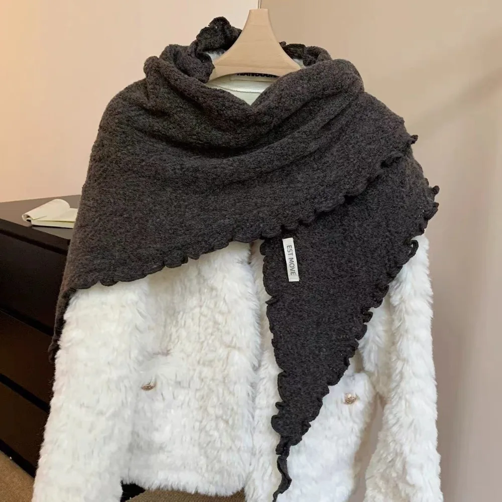 Ruffled Edge Knitting Triangle Scarf Thickened Widen Keep Warm Shawl Wrap Soft Cold Protection Breathable Hollow Scarf