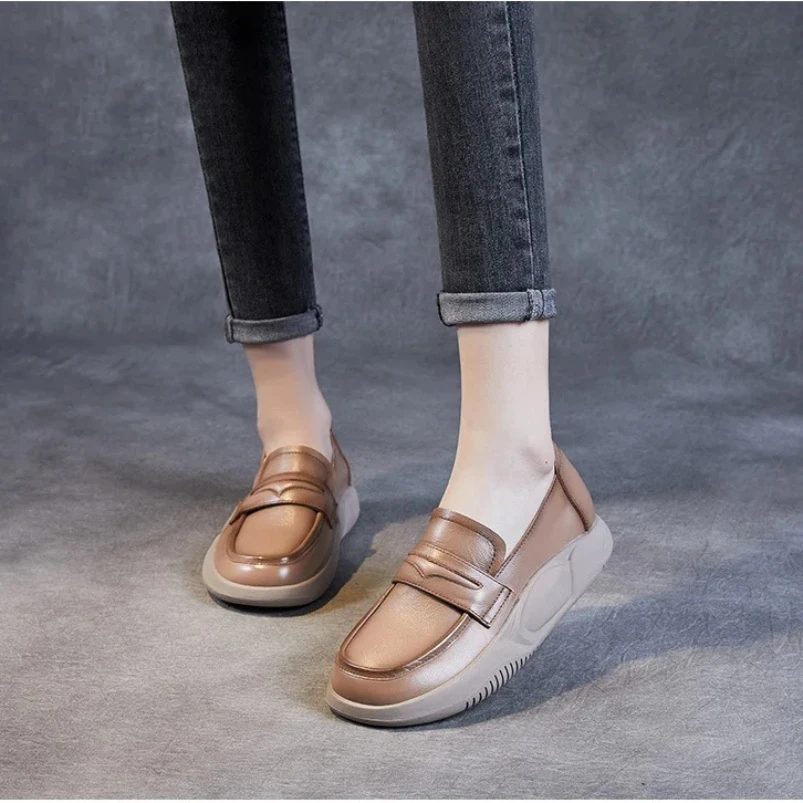 

2025 женские кроссовки, весенние повседневные лоферы на платформе, женская обувь на плоской подошве из натуральной кожи, летняя вулканизированная обувь