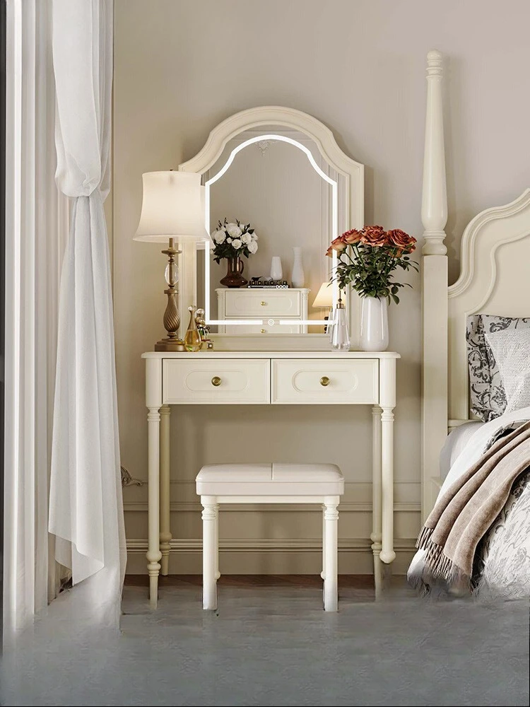 

Internet celebrity French dresser all solid wood small apartment bedroom makeup table retro cream white light luxury smart