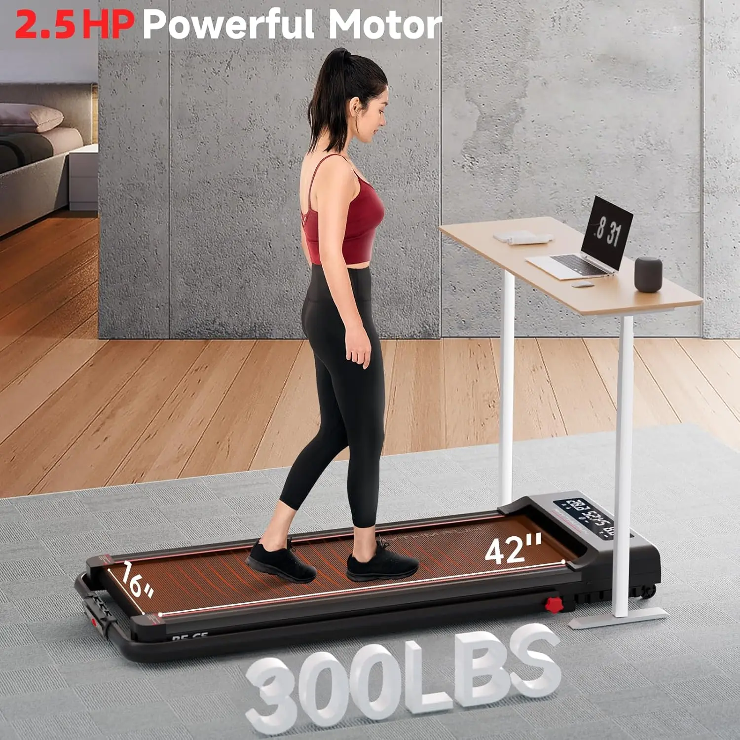 Foldable Treadmill, 300 lb Capacity Walking Pad 2.5HP Treadmill Under Desk, Portable Treadmill for Home and Office