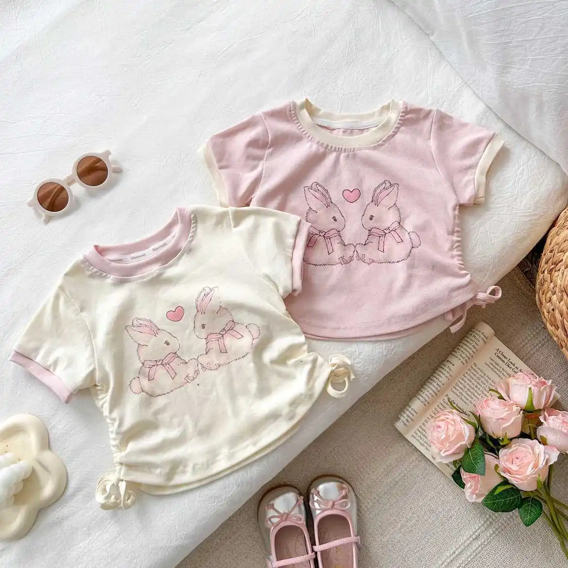 

2025 New Summer Baby Kids Short Sleeve T-shirt 1-6 Years Girls Cartoon Rabbit O-Neck T shirts Children Drawstring Cotton Tops