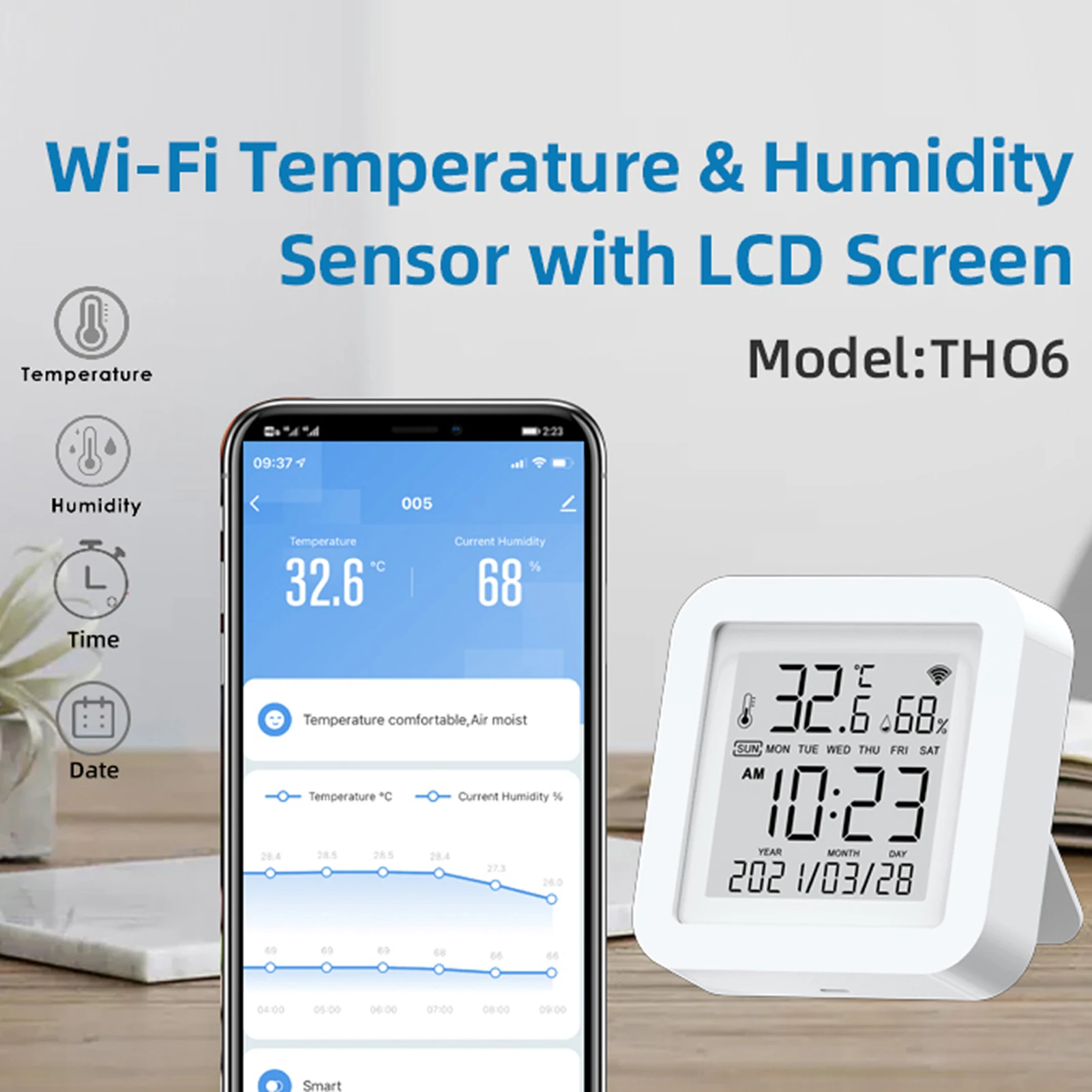 Tuya WiFi Household Desktop Thermometer and Hygrometer Wall-mounted LCD Display Intelligent Temperature and Humidity Meter