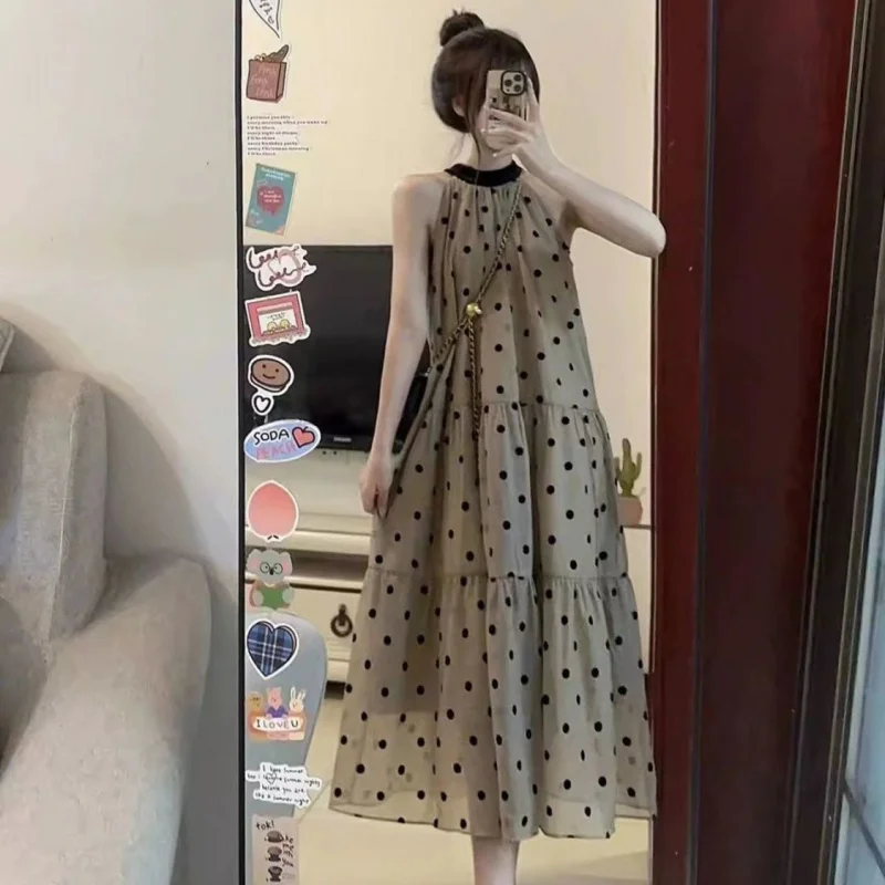 

French Style Sleeveless Tie Halter Polka Dot Dress for Women Summer New Elegant Petite Loose Long Dress