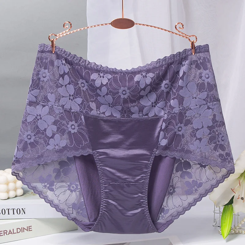 BS70 Sexy Intimates High Waist Silk Women Panties Transparent Flower Lace Satin Briefs Seamless Female Underwear Plus Size 3XL