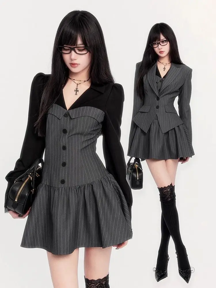 

French Striped Fake Two-Piece Slim Shirt Dress Waist Suit Jacket Suit