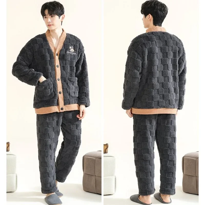 New Nightgown Autumn Winter Couple Pajamas Flannel Men Sleepwear Suit Women Thicken Warm Loungewear Coral Velvet Homewear Set