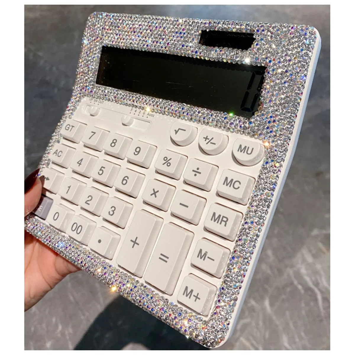 BISMZ Taschenrechner mit Strass-Kristall, Standard-Tischrechner, LCD-Display, batteriebetriebener und solarbetriebener glänzender Taschenrechner