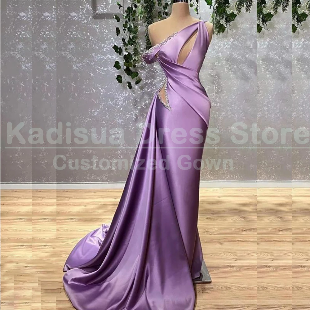 

Crystal Satin Evening Dresses Elegant One-Shoulder Sleeveless Gowns Special Occasion Chapel Train Formal Prom Dress Vestidos