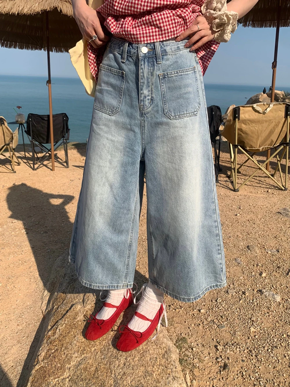 

Waed Blue Wide Leg Jeans Women's 7-Length Loose Fit Double ket Design Casual High Waist Denim Pants Summer Wear