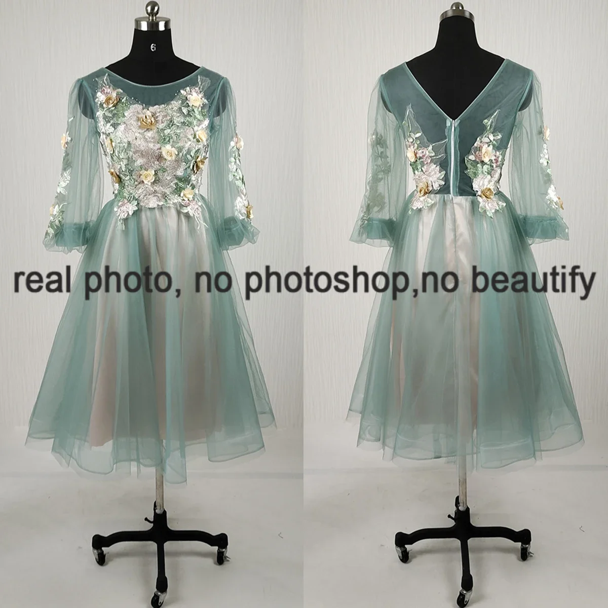 It\'s Yiiya Evening Dresses Green Appliques Floral O-Neck A-line Tea-length Plus Size Robe De Soiree Women Party Formal Gown E773