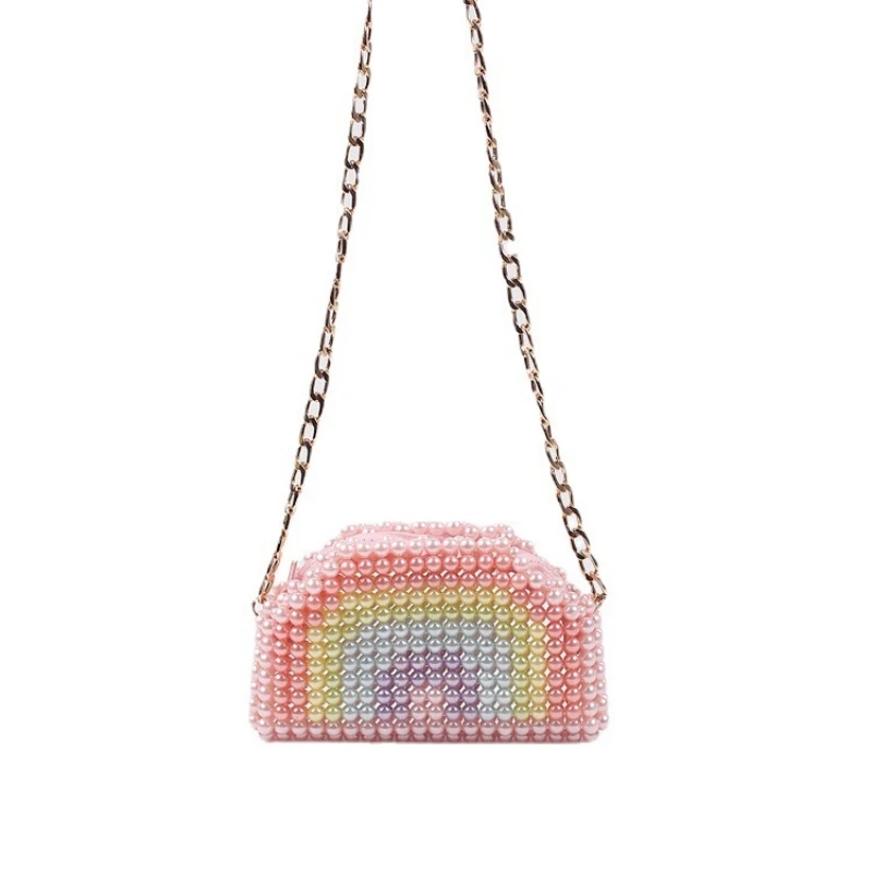 Rainbow Handbag New Mini Pearl Rainbow Metal Chain Bag Beaded Hand Bag Texture Fashion Pearl Messenger Shoulder Crossbody Bag