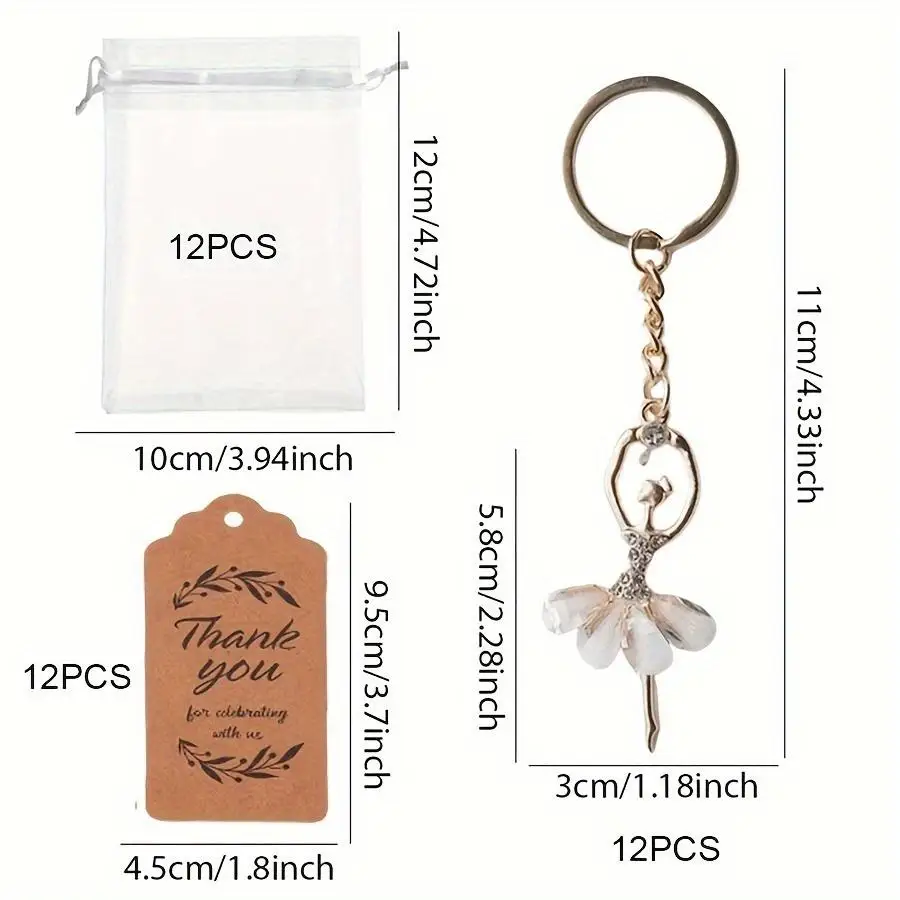 1/5/10/20/50/100pcs Gift for Her/Him: 12 Sets of Artificial Diamond Ballerina Keychains, Wedding Favors (12 Keychains, 12 Gauze