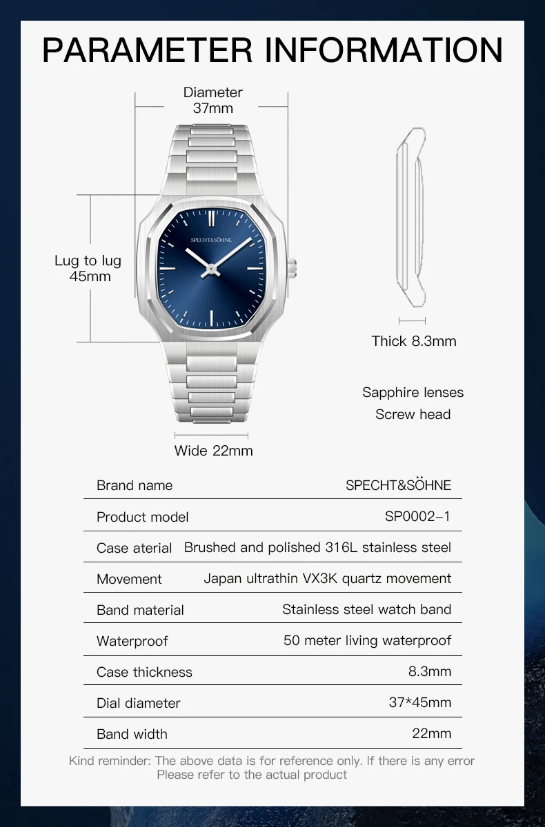Specht Söhne New Men's Watch 37mm Ultrathin Quartz Wristwatch Sapphire Crystal Ice Blue Color Stainless Steel Watch Waterproof