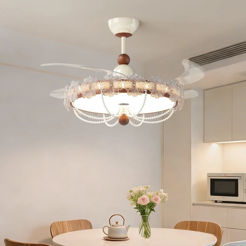 Italian Designer Ceiling Fan Pendant Lights Fairy Princess Room Milk Oil Wind Flower Invisible Silent Master Bedroom Fan Lamps