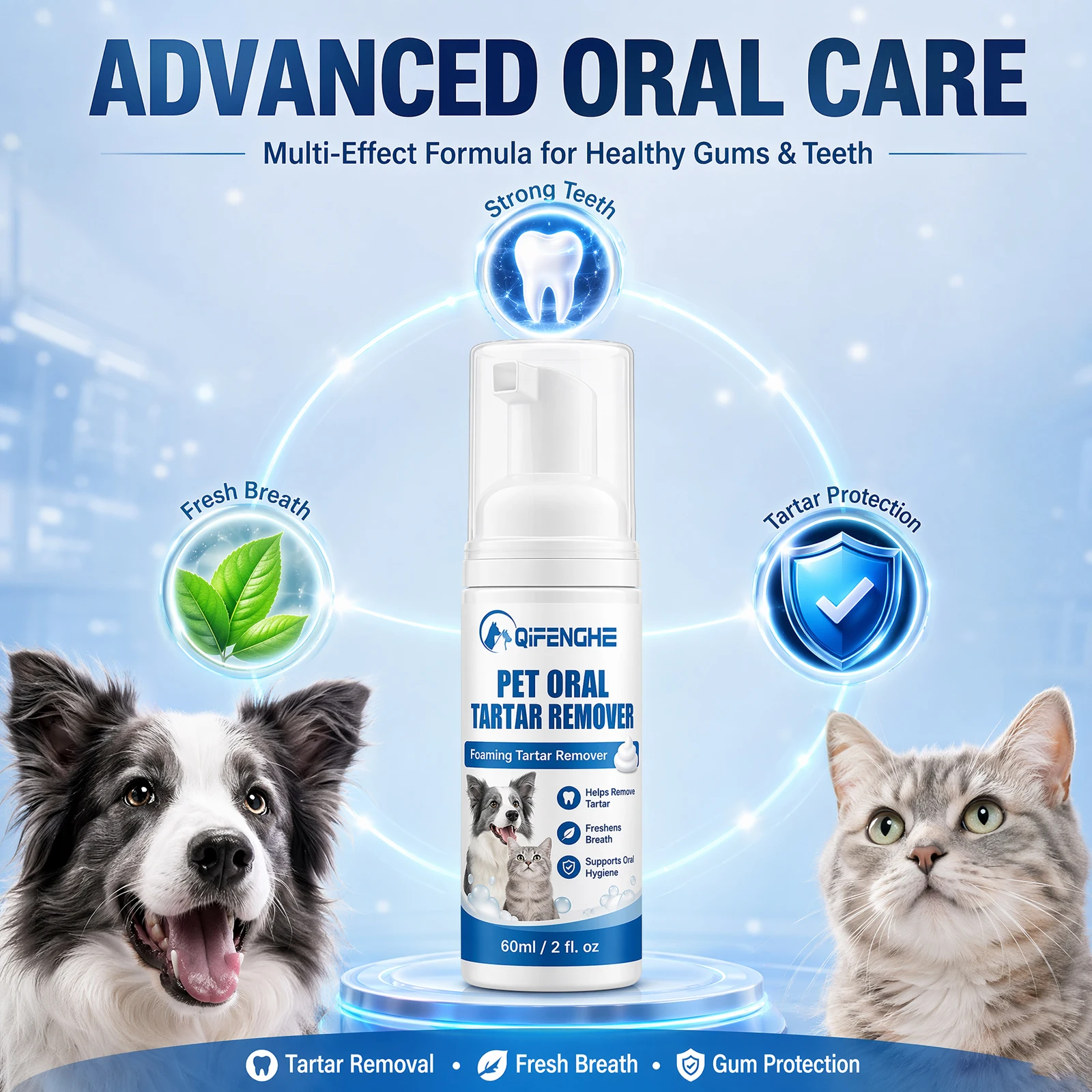 Pet Oral Tartar Remover Foam, 60ml Dog Cat Dental Cleaning Foam, Helps Remove Tartar Plaque, Freshen Breath, Support Pet Oral Hy