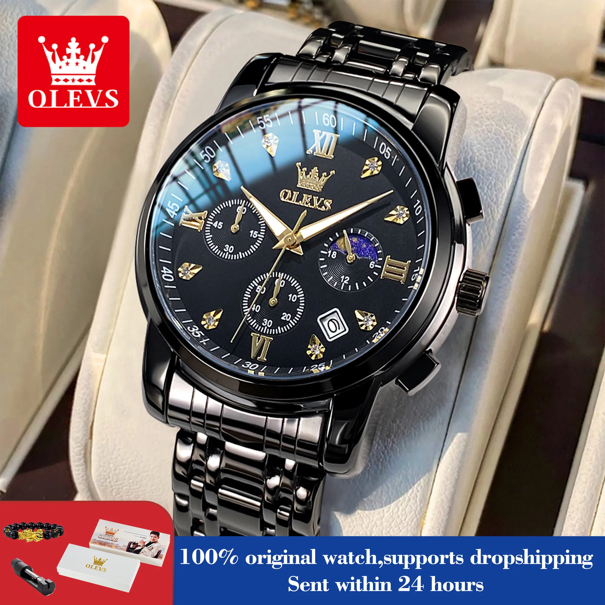 

OLEVS 2858 Мужские часы с бриллиантовым циферблатом и фазой Луны Кварцевые часы для мужчин Водонепроницаемые часы из нержавеющей стали Лучший бренд Роскошные мужские ручные часы