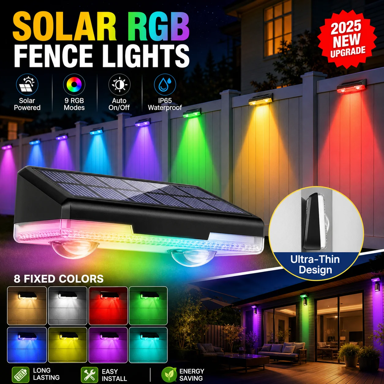 Deck Step Light - Solar-Terrassenbeleuchtung für Außenbereich, Wasserdichte RGB-Farbwechsel-Zaun- und