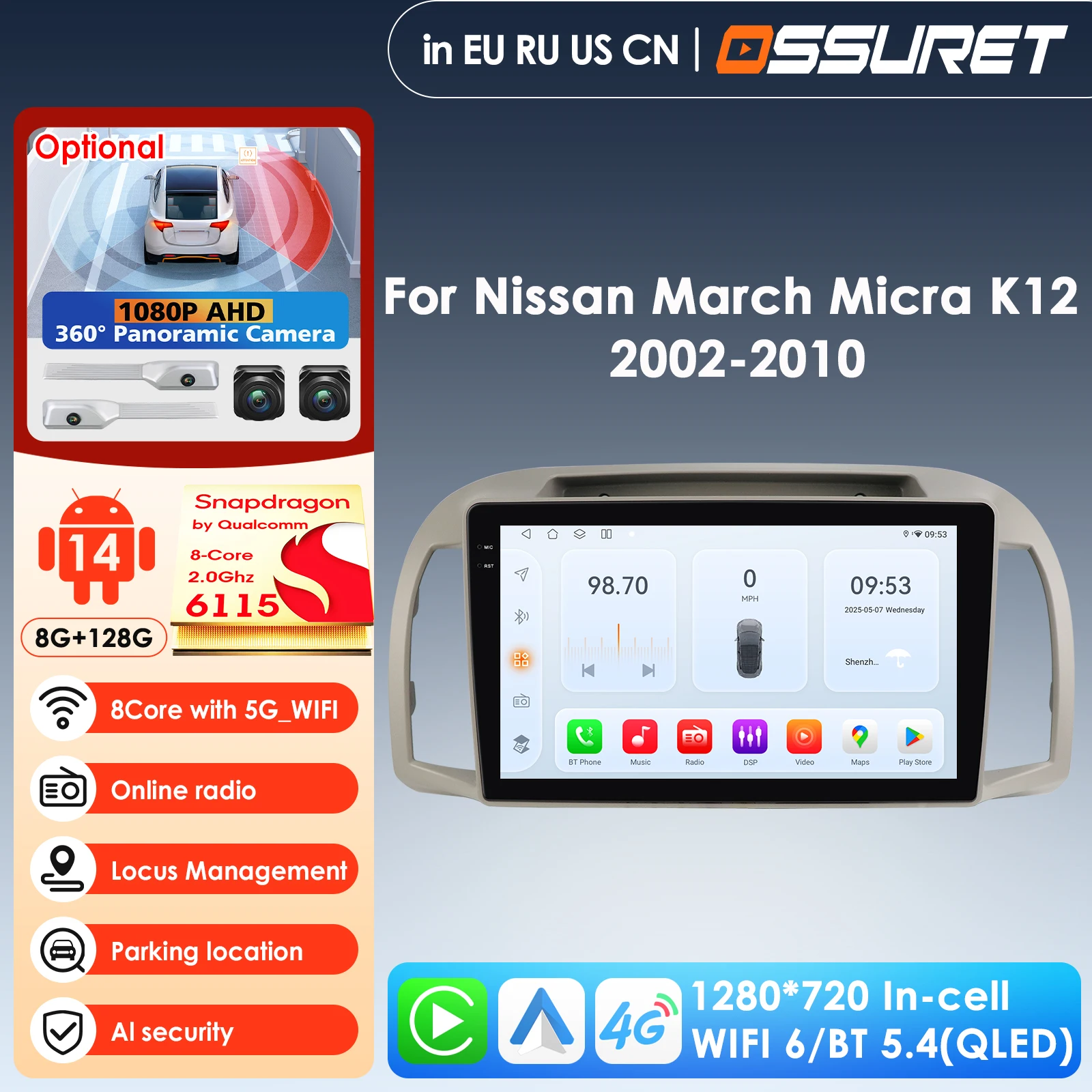 OSSURET Carplay Android Radio de coche para Nissan March Micra K12 2002 -2010 navegación Auto GPS unidad principal estéreo 5G WIFI Multimedia