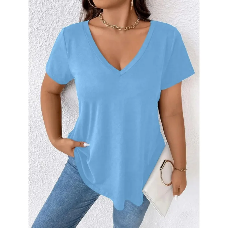

Плюс размер 1XL-5XL женская летняя однотонная повседневная модная удобная рубашка с короткими рукавами и глубоким v-образным вырезом для поездок на работу