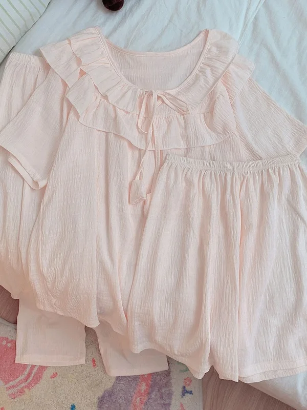 

Новая летняя женская пижама в стиле Sweet Princess, корейская версия, с облачным узором, из тонкого хлопка, с коротким рукавом, для дома, три предмета.