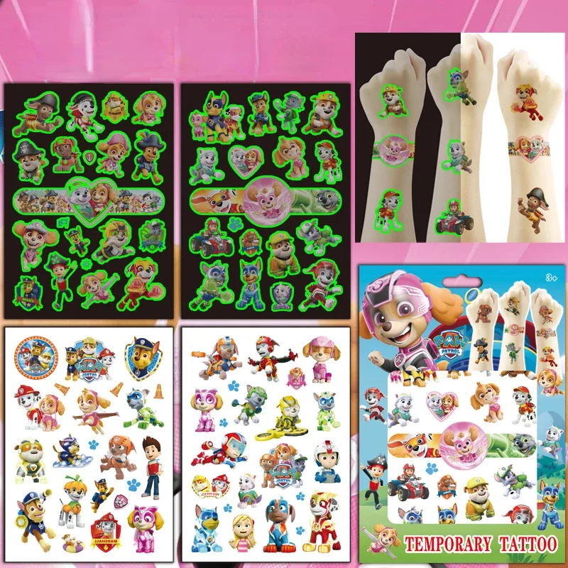 Caja de regalo de dibujos animados, pegatina de tatuaje luminosa de la patrulla canina, tatuaje brillante para brazo, cara, tatuaje corporal, pegatina de escombros Ryder