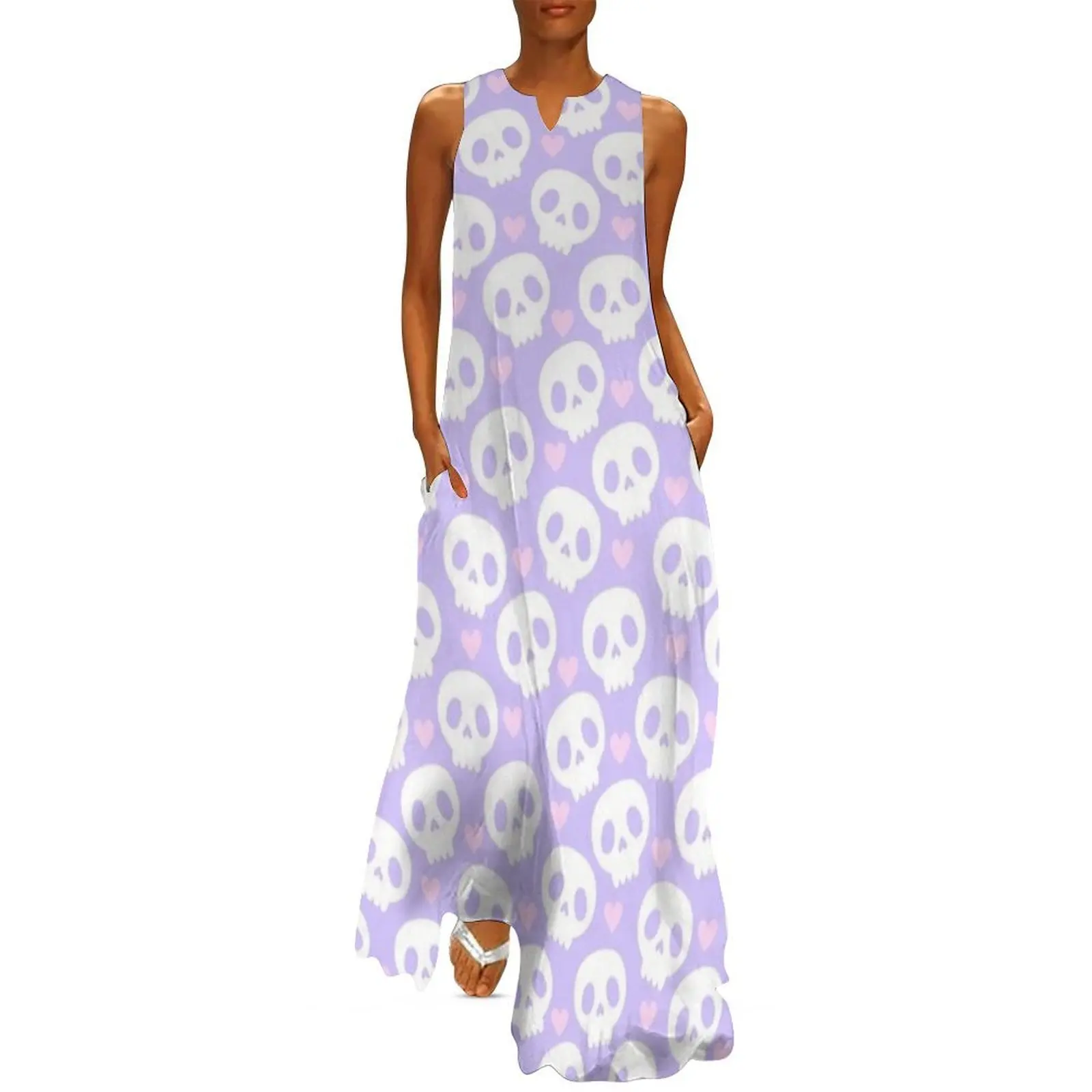 

Kawaii Skull Hearts Pastel Goth Creepy Cute Spooky Skeleton Pink Purple and White Pattern Long Dress evening dress women