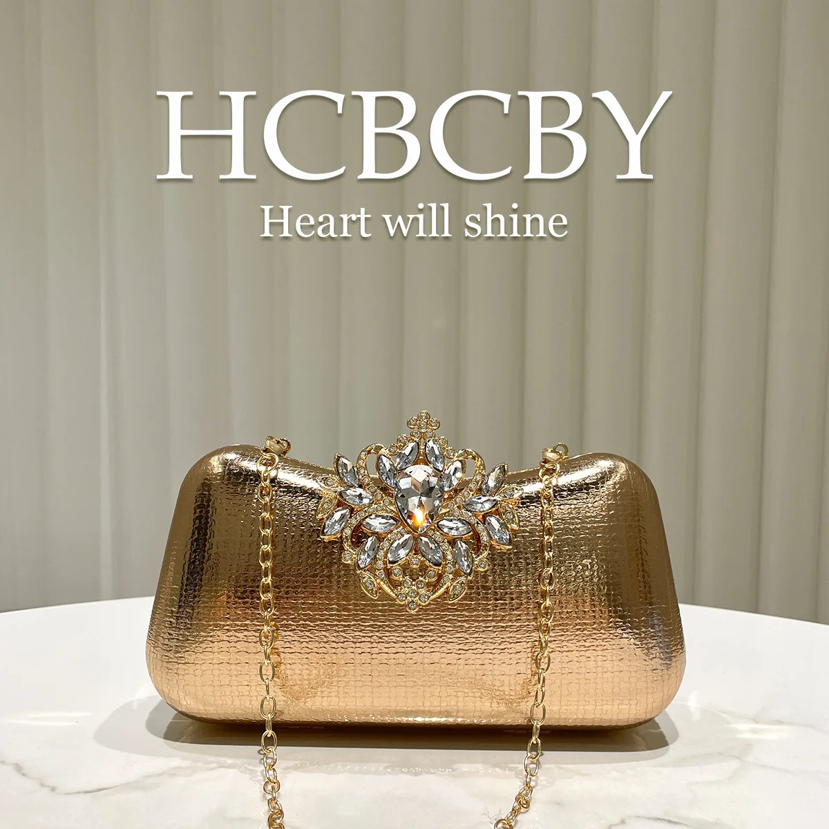 Brown shiny reflective pu plaid evening bag, women's fashionable and elegant rhinestone buckle box clutch bag