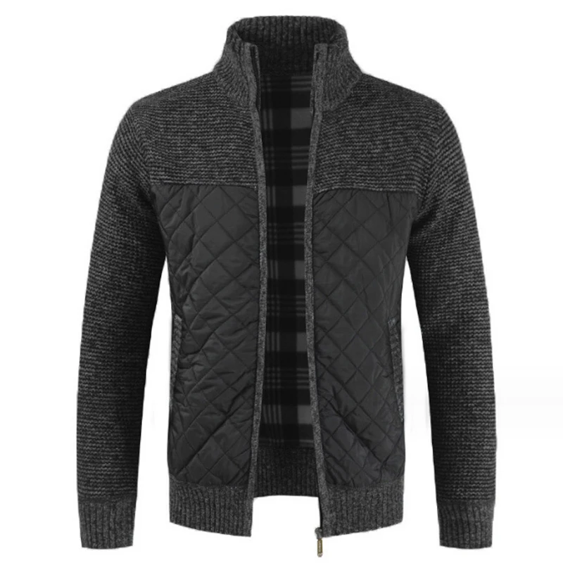 Autumn Winter Men's Casual Collar Long-sleeved Sweater Cardigan Jacket Striped Plaid Zipper Color Matching Warm Knit Jacket