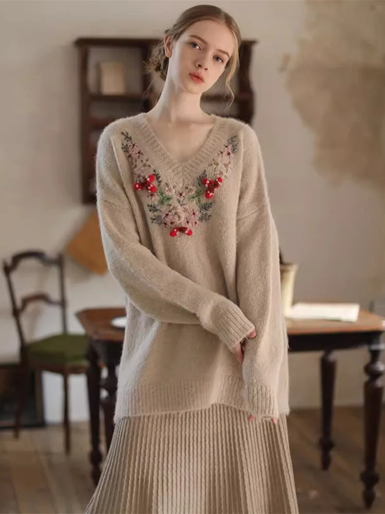 AIGYPTOS Fall Winter Warm Wool Knitted Sweater Women Korean Fashion Handmade Embroidery Floral V-Neck Oversized Pullover Sweater