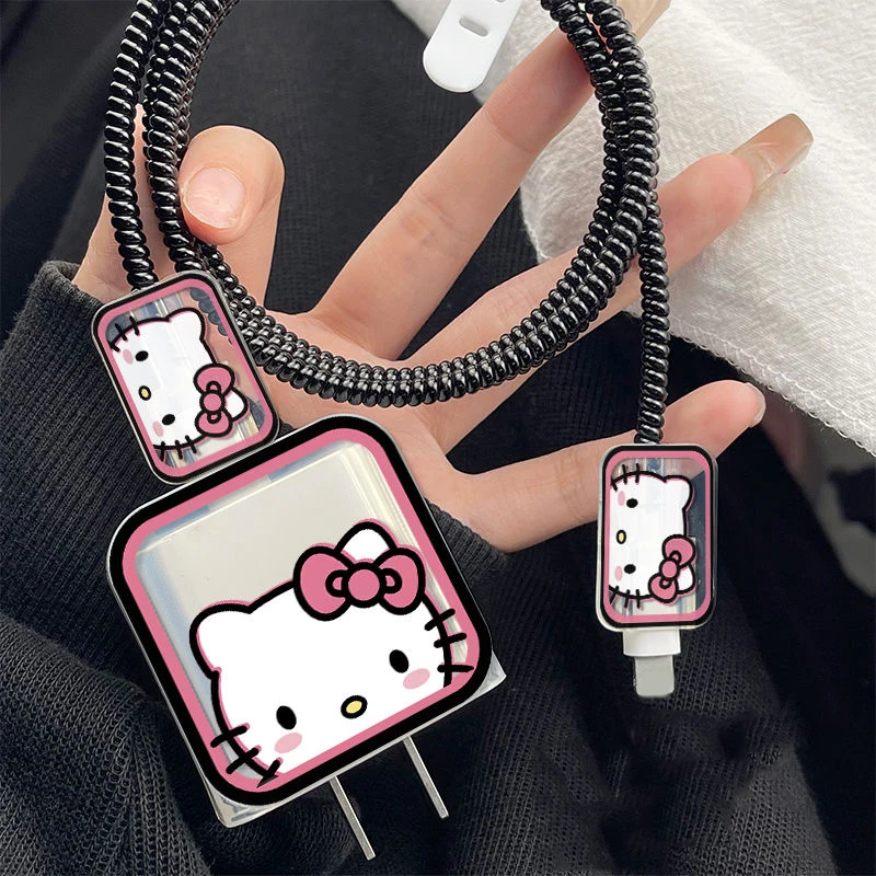 Sanrios Cute HelloKitty Charger Data Cable Protective Cover for iPhone 15 14 13 12 Pro Max 18~20W Soft Glue Shell Winding Rope