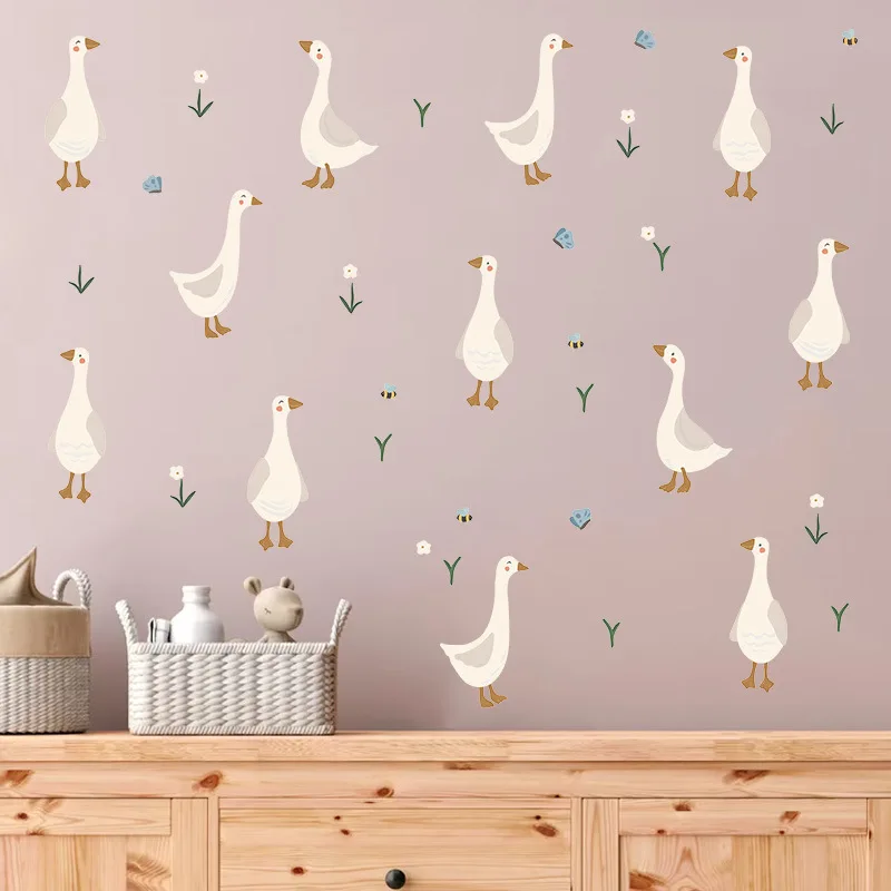 Cute Duckling Wall Sticker Funny Duck Flower Decal PVC self-adhesive Vinyl Mural For Baby Kids Room Nursery Home Decor Wallpaper
