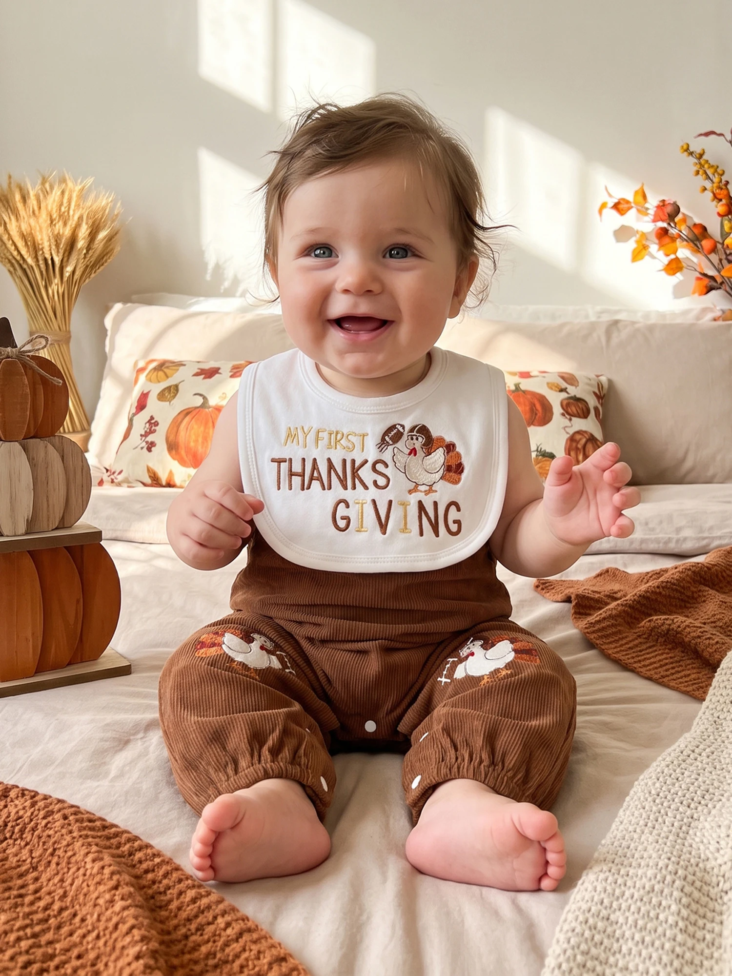 Boy Outfit With Pants With Overall Pants With Turkey Overall Thanksgiving Embroidery High Quality Boy Outfit With