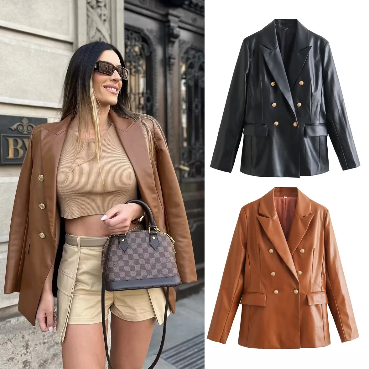 Streetwear PU Leather Blazers Jackets Women Long Sleeve Double Buttons Coats 2023 New Chic Vintage Outwears Female Clothing