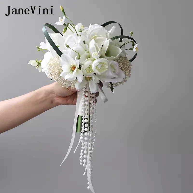 JaneVini 2024 Artificial White Bridal Flowers Pearl Wedding Bouquet Deko Hochzeit Bride Hand Flower Accessories Blumenstrauß