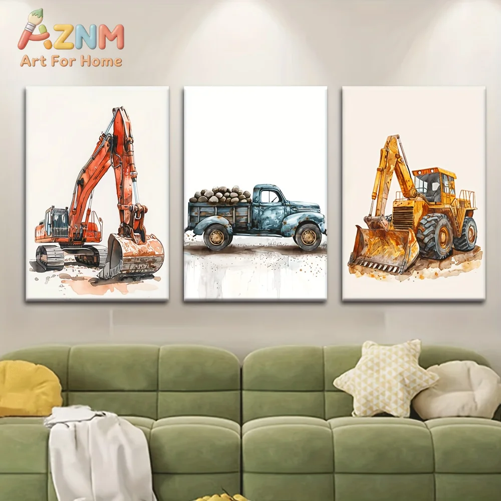 AZNM Construction Vehicle Canvas Wall Art Excavator Truck Loader Watercolor Frameless Canvas Painting Boys Bedroom Kids Room Hom