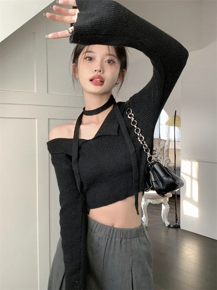 

y2k Knitting Sweater for Women Turndown Collar Long Sleeve Femme Fashion Jumper 2023 Ropa Mujer Korean Cropped Crop Tops