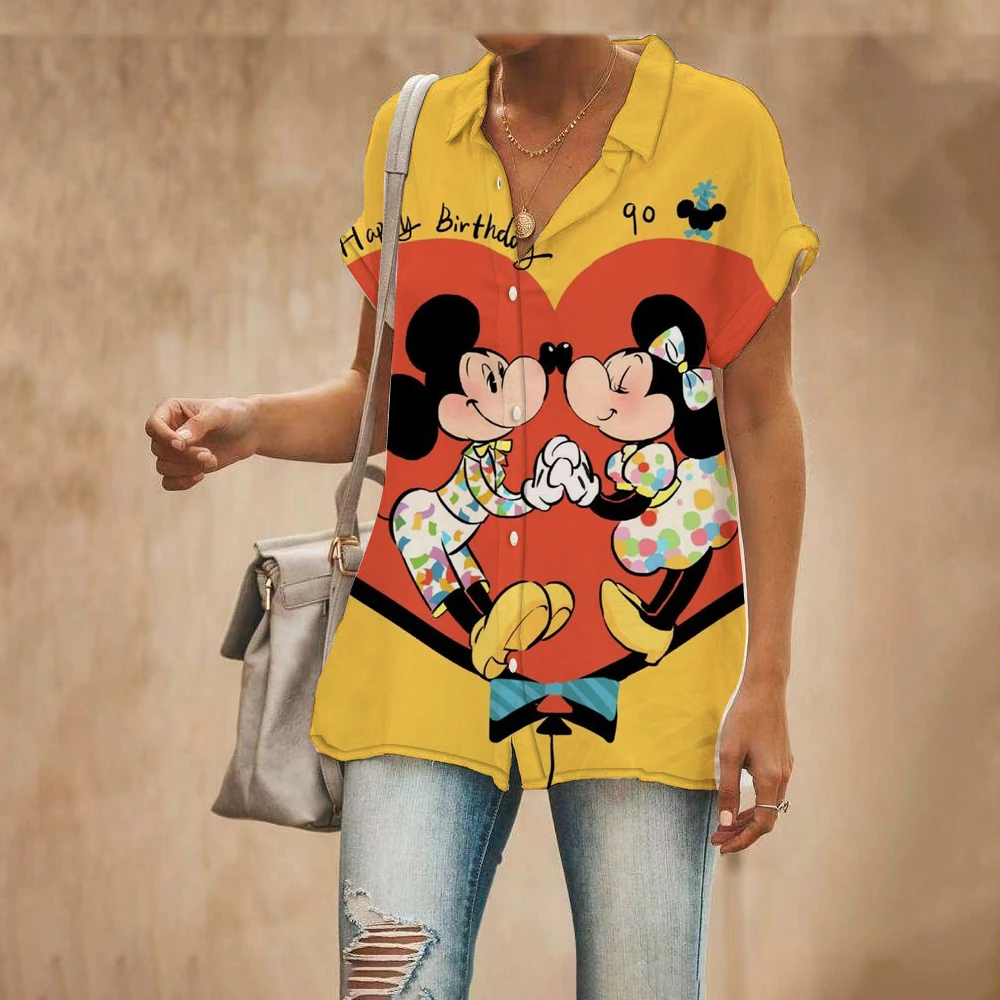 Summer New Street Style Disney Brand Mickey And Minnie Anime Short Sleeve Shirt Fashion Casual Ladies Harajuku Kawaii Top Y2k