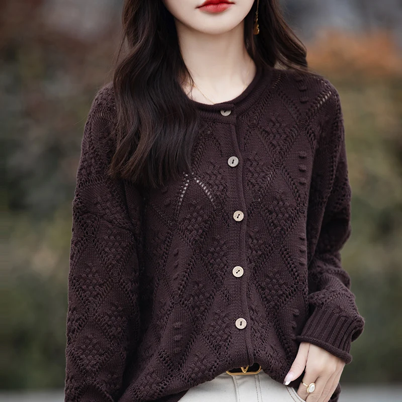 Women's Cardigan Spring/Autumn 100% Cotton Knitwear Casual Ladies' Tops Single-breasted Sweater Jacket Round Neck Hollow Blouse