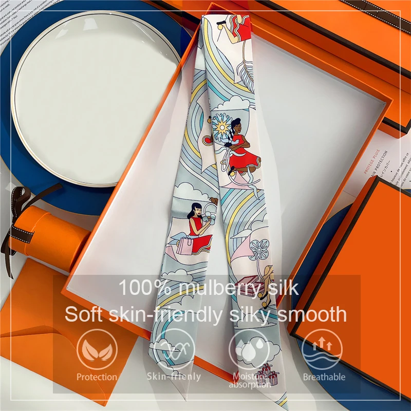 Women 100% Mulberry Silk Scarf for Hair Band Wrap Bag Handle Ribbon Scarf Luxery Kerchief Lady Hair Strip Neck Scarves