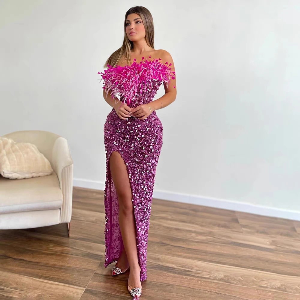 

Rose Color Gorgeous Feather Shining Sequines Strapless High Split Floor Length Dress Birthday Dress Singer Performance Costume