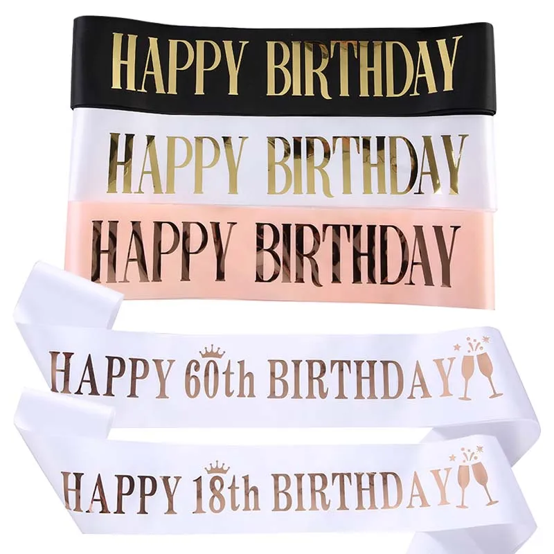 

White Happy Birthday Sash for Girl Women 10 13 16 18 21 30 40 50 60 70 80th Birthday Satin Sashes Anniversary Party Decorations