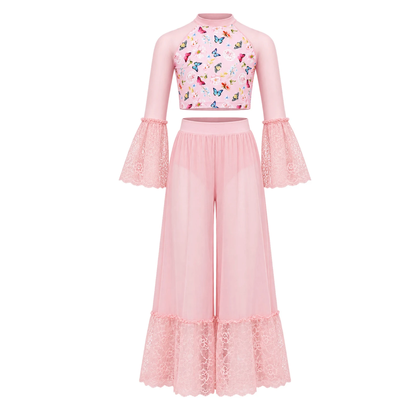 Girls Modern Contemporary Lyrical Dance Outfit Flare Lace Long Sleeve Crop Top Wide Leg Mesh Pants Kids Performance Costume