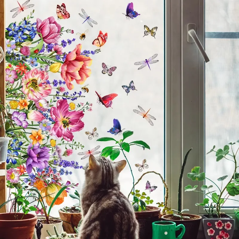 Varios estilos de mariposas coloridas y pegatinas estáticas florales para ventana, ventana decorativa visible de doble cara extraíble