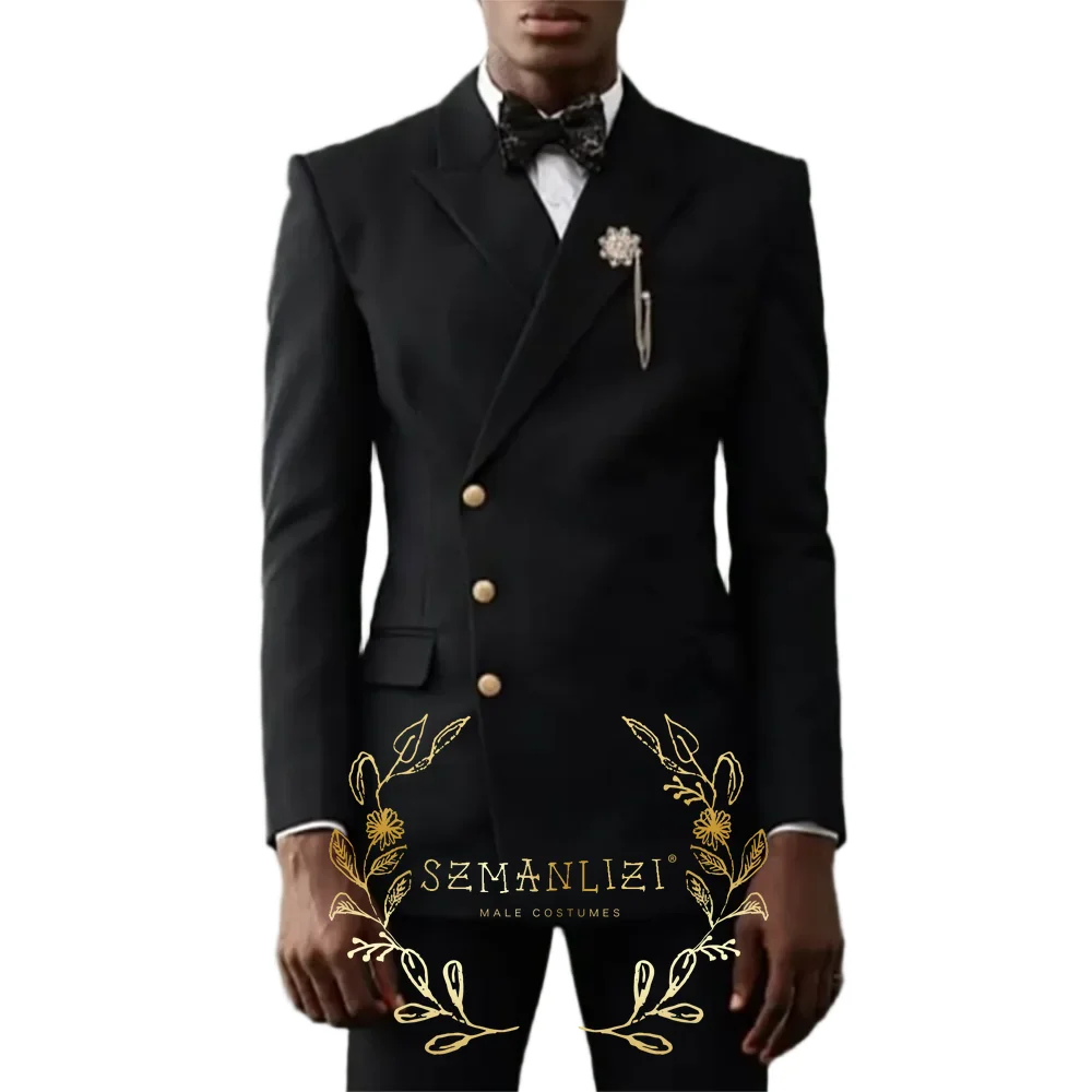 

Black Male Suits 2 Pieces Peak Lapel 3 Buttons Double Breasted Wedding Tuxedos Groom Wear Best Man (Blazer+Vest) Costume Homme