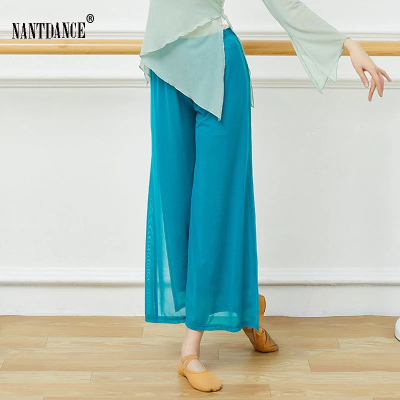 Women Classical Dance Flowy Pants Light Weight Water Yarn Ancient Style Folk Dancer Wde-Leg Chinese Body Rhyme Practice Wear