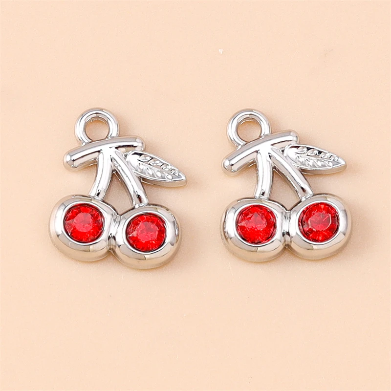 5 Stück 11x13mm Niedliche Mini-Kristall-Metall-Frucht-Kirsch-Anhänger für Schmuckherstellung, Halsketten, Ohrringe, Armbänder, DIY-Bastelgeschenk – Detail 8
