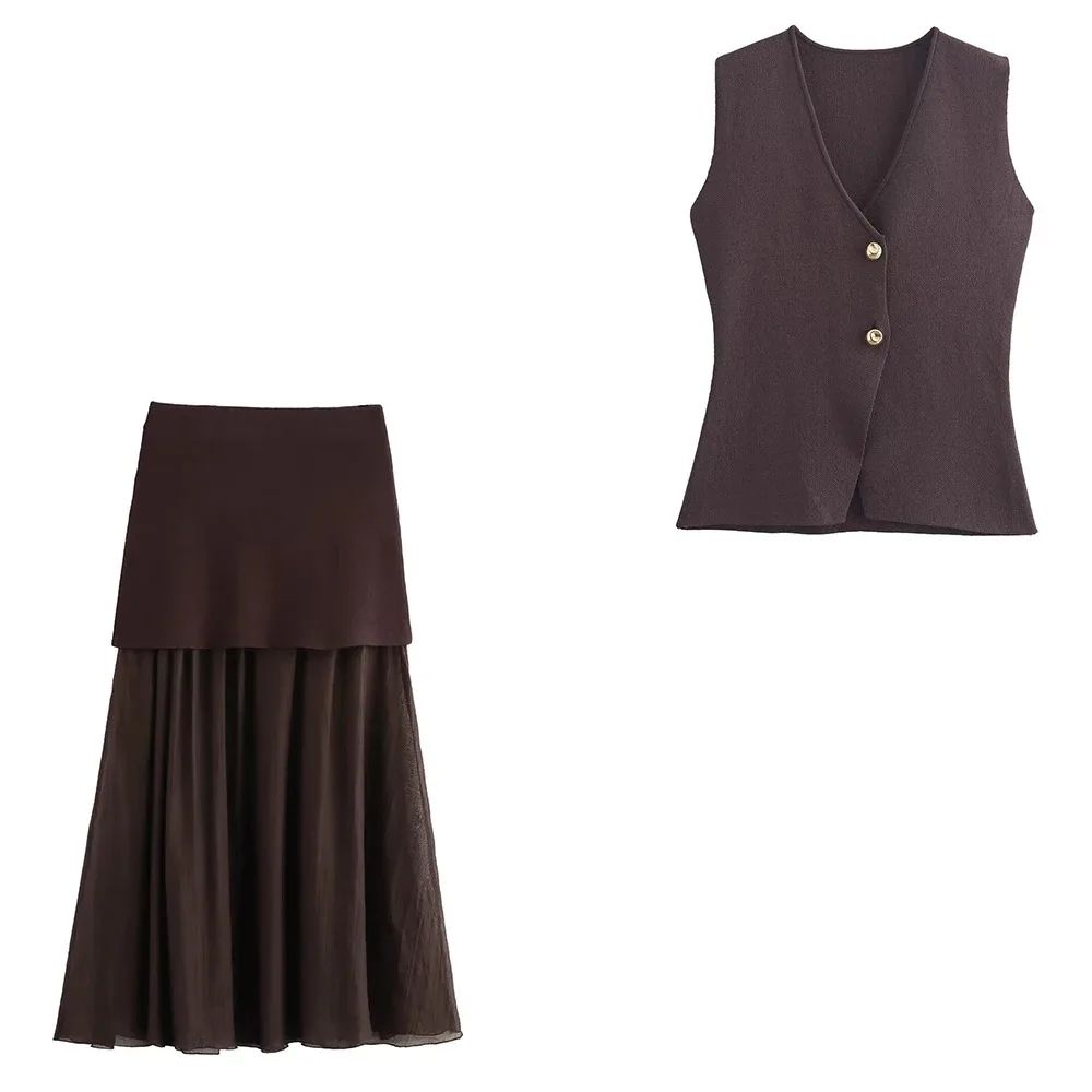 بدلة نسائية أنيقة جديدة أنيقة برقبة على شكل حرف V وزر ذهبي محبوك صدرية نسائية متماسكة صدرية نسائية تنورة طويلة مزخرفة مجعدة تنورة طويلة مزخرفة على طراز الشارع أنيقة نسائية أنيقة INS مدون مدون نفس الموديلات