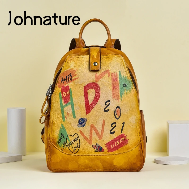 

Johnature 2024 New Retro Genuine Leather Women Bag Hand Painted Graffiti Backpack Leisure First Layer Cowhide Female Travel Bags